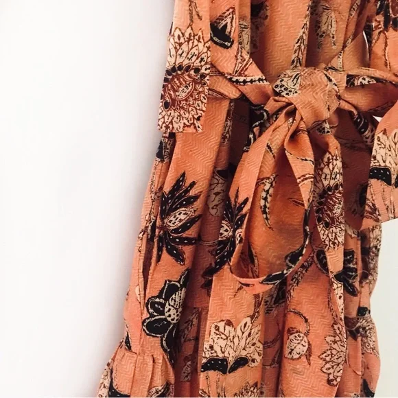 ULLA JOHNSON Primrose Puff Sleeve Tiered Midi Dress Salmon Floral - Picture 7 of 13